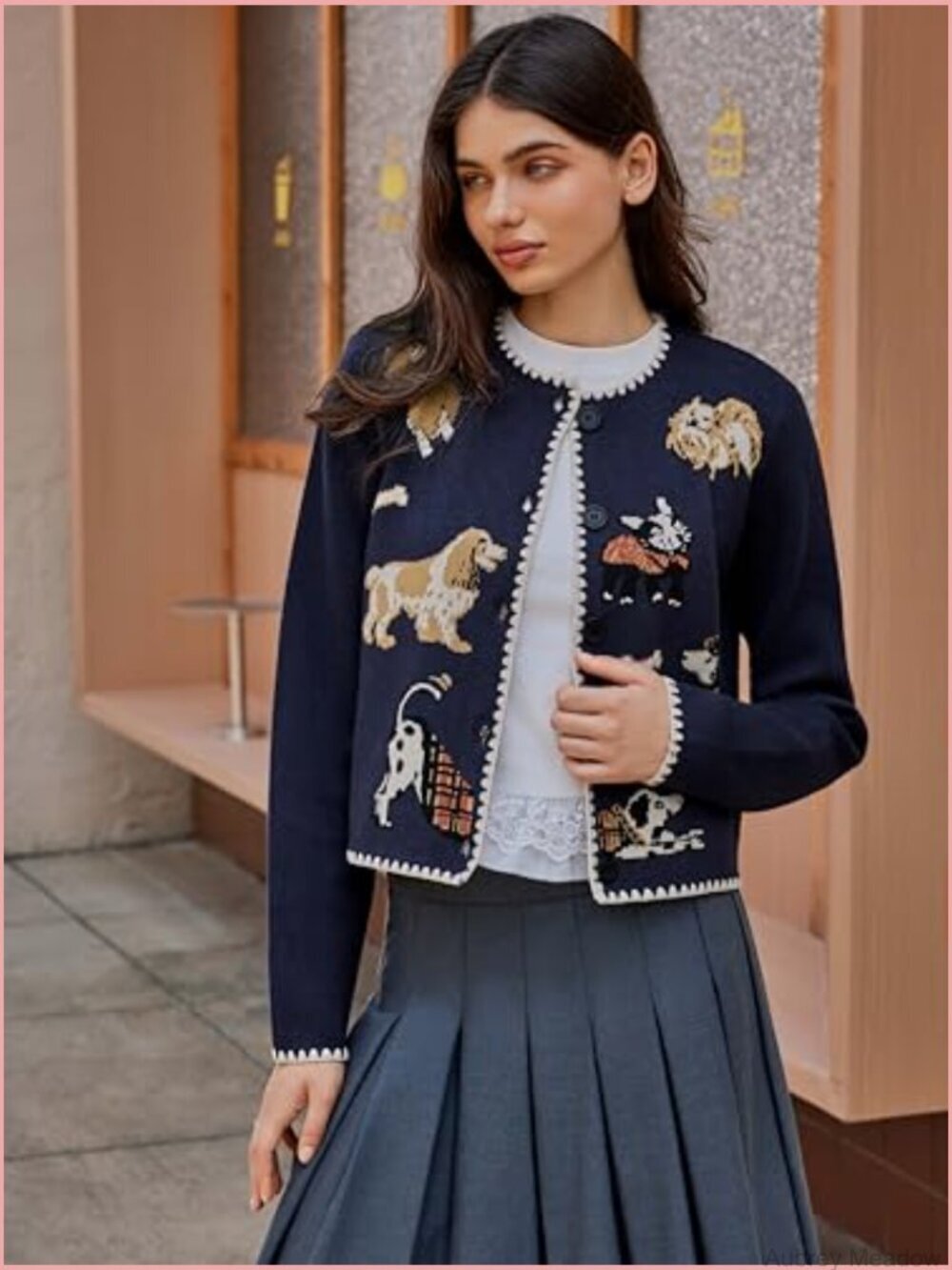 Crew Neck Button Down Knit Cardigan Sweater Dog Pattern Fall Winter Outfits - Picture 4 of 7